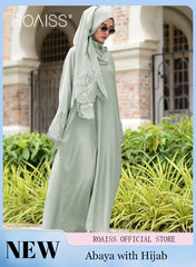 2 Pcs Women's Abaya Robe Dress and Headscarf Set, Solid Color Floral Embroidery Lace Long Sleeves Abaya Traditional Wear, Pink, Suitable for Spring Summer Outfit.