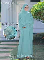 2 Pcs Women's Abaya Robe Dress and Headscarf Set, Solid Color Floral Embroidery Lace Long Sleeves Abaya Traditional Wear, Pink, Suitable for Spring Summer Outfit.