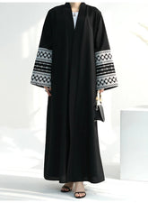 Women's Black Open Front Abaya with Arabic Embroidered Sleeves