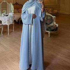 Fashion Elegant Lace Abaya Trimmed Cardigan Robe with Headscarf