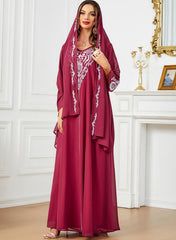 Women Embroidered V Neck Jalabiya with Hijab