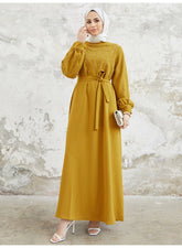 Muslim Women's Modest Long Sleeve Dress with Tie-Waist