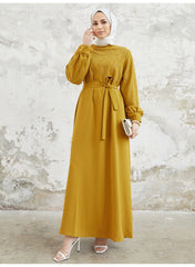 Muslim Women's Modest Long Sleeve Dress with Tie-Waist
