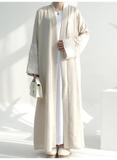 Elegant Beige Open Front Abaya with Embroidered Cuffs