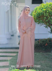2 Pcs Women's Abaya Robe Dress and Headscarf Set, Solid Color Floral Embroidery Lace Long Sleeves Abaya Traditional Wear, Pink, Suitable for Spring Summer Outfit.