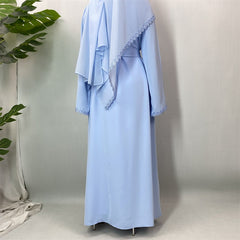 Fashion Elegant Lace Abaya Trimmed Cardigan Robe with Headscarf