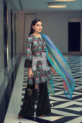 N41907034–Lawn & Viscose Net - Black Printed Embroidered 3PC