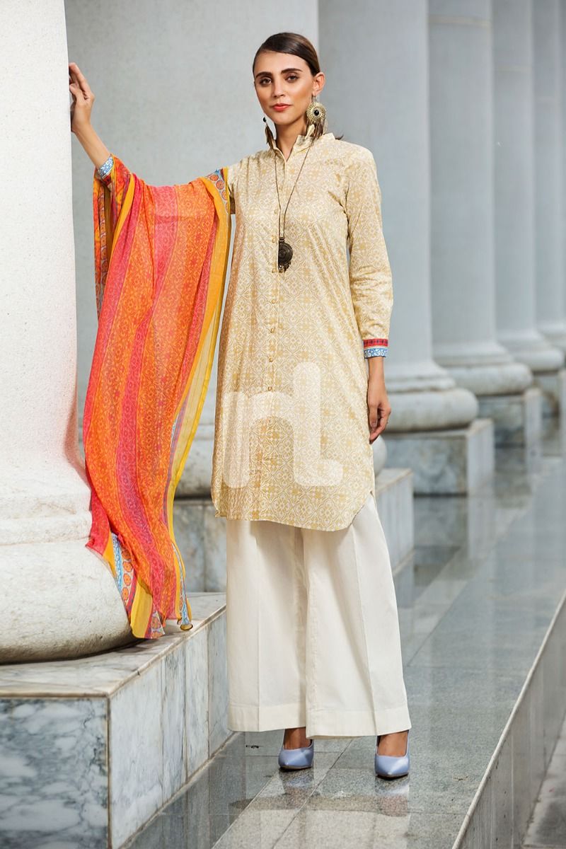 41907219-Blended Crinkle Chiffon & Slub Lawn – Off White Printed 2PC