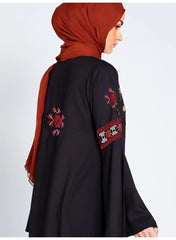 Women's Long Black Abaya with Embroidered Arabic Motifs