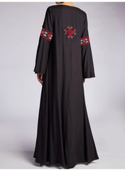 Women's Long Black Abaya with Embroidered Arabic Motifs