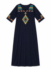 Zecotex Women's Traditional Embroidered Cotton Maxi Dress - 100% Pure Natural Cotton, Breathable Summer Jalabiya in Navy Blue