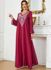 Women Embroidered V Neck Jalabiya with Hijab