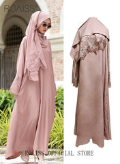 2 Pcs Women's Abaya Robe Dress and Headscarf Set, Solid Color Floral Embroidery Lace Long Sleeves Abaya Traditional Wear, Pink, Suitable for Spring Summer Outfit.