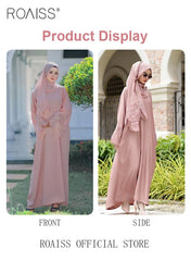 2 Pcs Women's Abaya Robe Dress and Headscarf Set, Solid Color Floral Embroidery Lace Long Sleeves Abaya Traditional Wear, Pink, Suitable for Spring Summer Outfit.