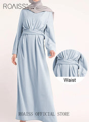 Abaya with Belt for Women Ladies Long Sleeve Dress Classic Style Long Sleeve Tunic Round Neck Casual Elegant Dress for Daily Outfit High Waist Loose Comfortable Breathable Traditional Clothing Blue