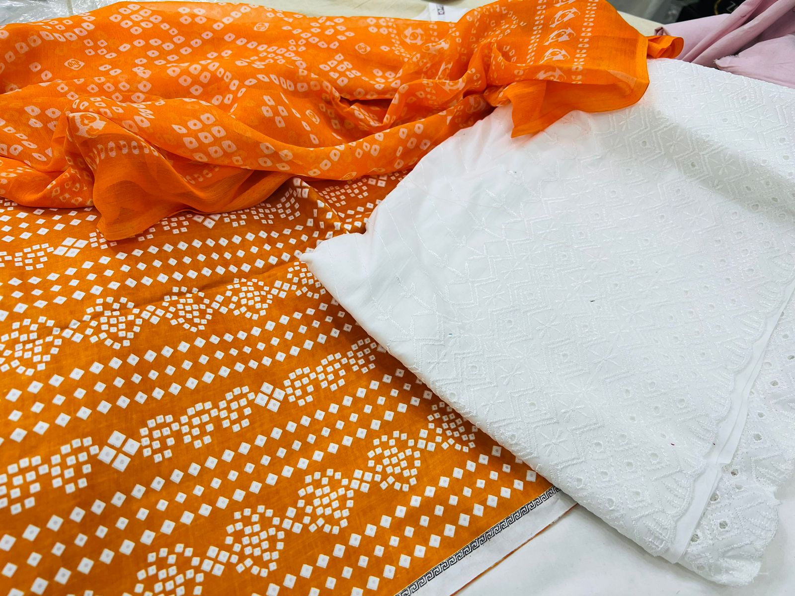 Chunri Print / Embroidered Trouser / Chiffon Dupatta-3PC- DARK ORANGE