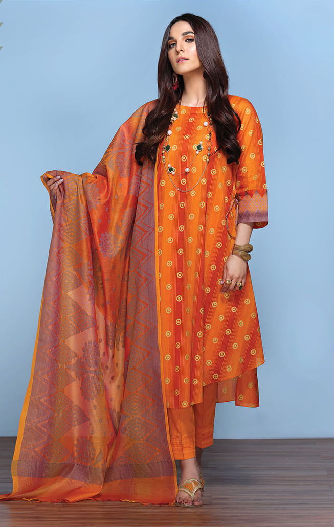 42001253-Gold Printed Super Fine Lawn, Jacquard & Cambric-3PC