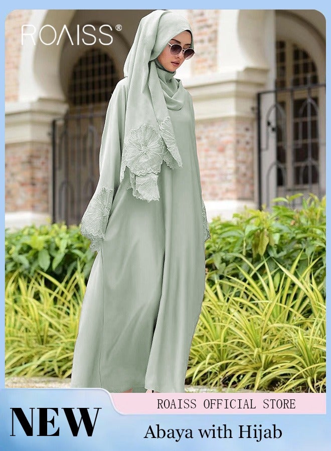 2 Pcs Women's Abaya Robe Dress and Headscarf Set, Solid Color Floral Embroidery Lace Long Sleeves Abaya Traditional Wear, Pink, Suitable for Spring Summer Outfit.