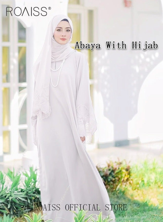 2 Pcs Women's Abaya Robe Dress and Headscarf Set, Solid Color Floral Embroidery Lace Long Sleeves Abaya Traditional Wear, Pink, Suitable for Spring Summer Outfit.