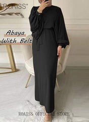 Abaya with Belt for Women Ladies Long Sleeve Dress Classic Style Lantern Sleeve Tunic Round Neck Casual Elegant Dress for Daily Outfit