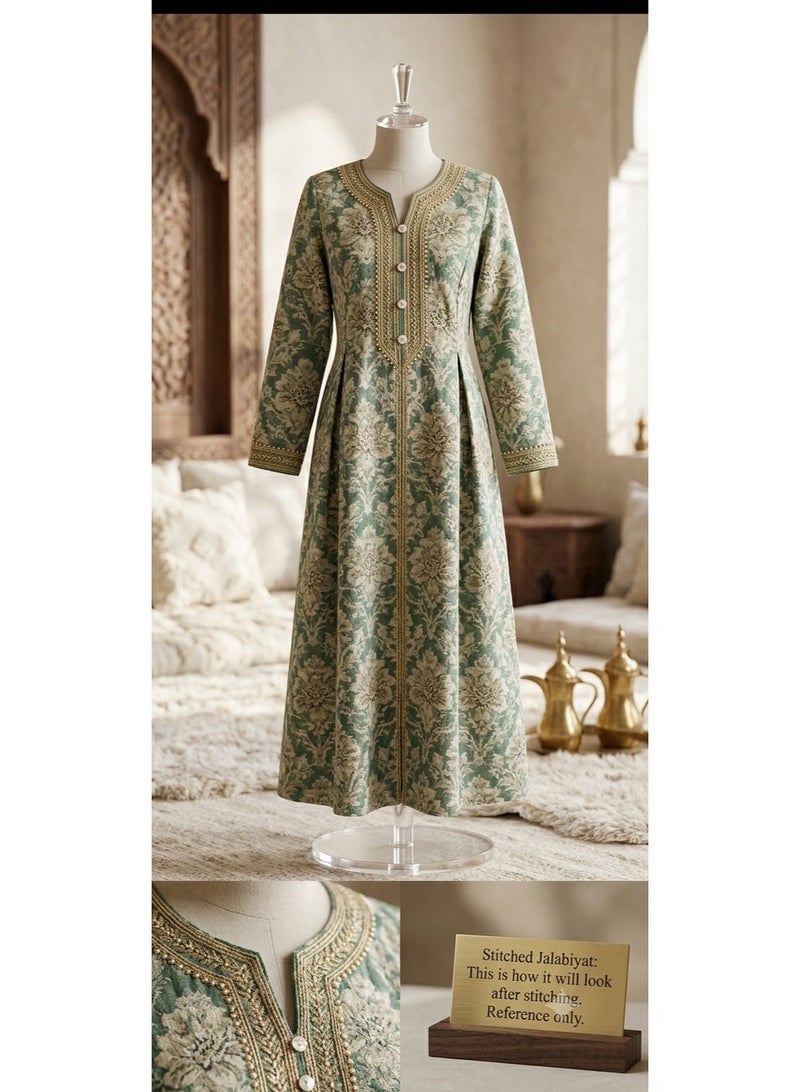 Women Unstitched Fabric for Jalabiya & Kandura – Premium Woven Jacquard Sage Floral Arabic Dress Material