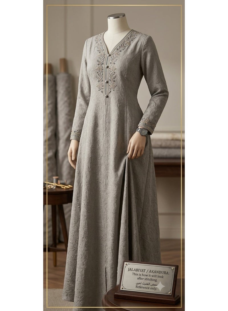 Women Unstitched Fabric for Jalabiya & Kandura – Premium Textured Embossed Taupe Floral Arabic Dress Material