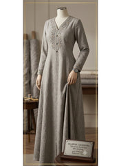Women Unstitched Fabric for Jalabiya & Kandura – Premium Textured Embossed Taupe Floral Arabic Dress Material