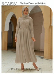 Ladies Dress Solid Color Chiffon Waist Puff Sleeve Long Sleeve Crew Neck High-Rise Abaya Maxi Dress for Ladies