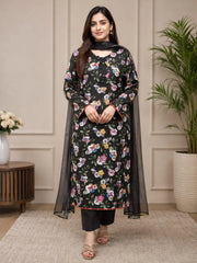 3 Pc Black Printed Khadar Lace Work Suit