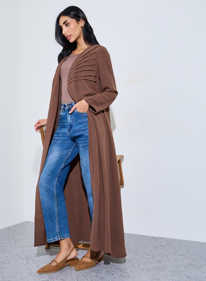 Brown Front Open Pintuck Detail Abaya