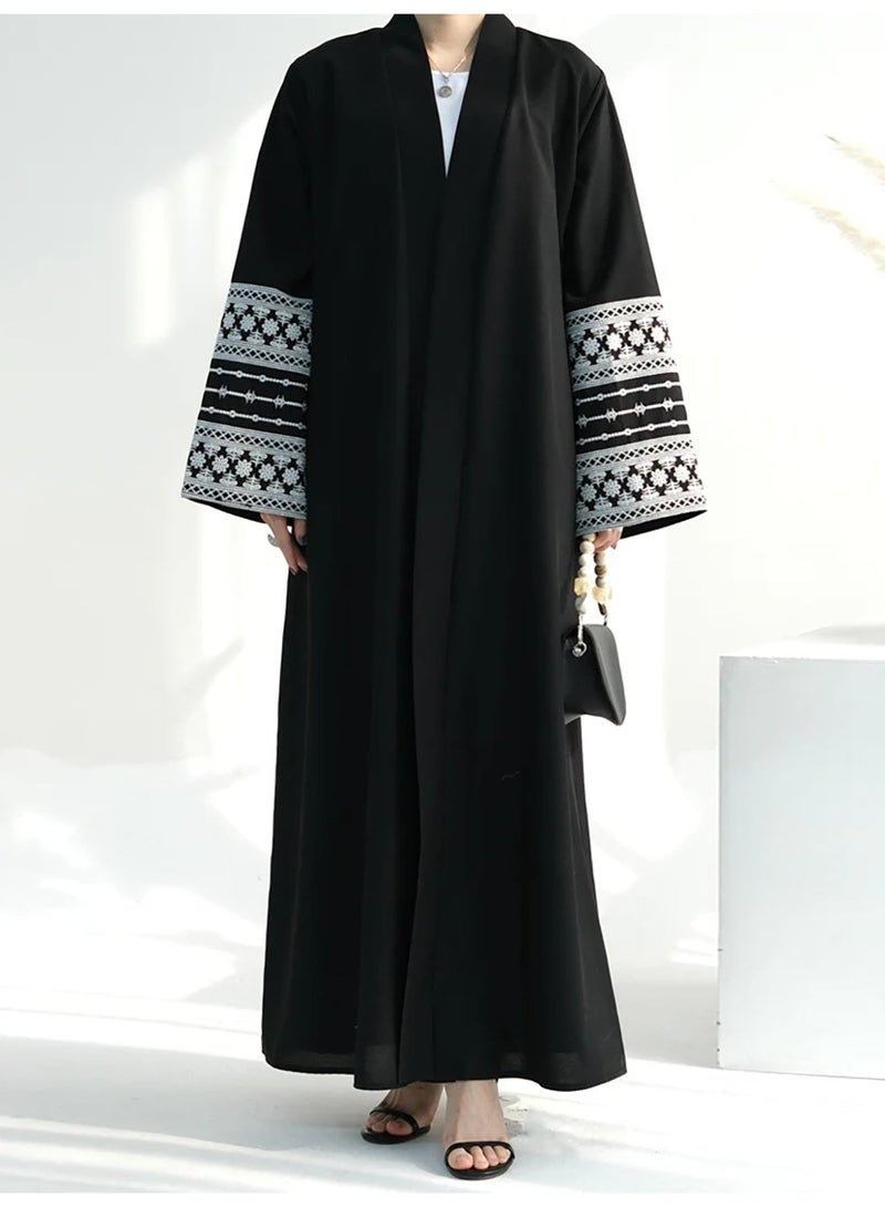 Women's Black Open Front Abaya with Arabic Embroidered Sleeves