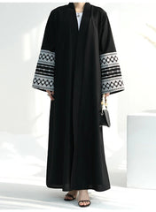 Women's Black Open Front Abaya with Arabic Embroidered Sleeves