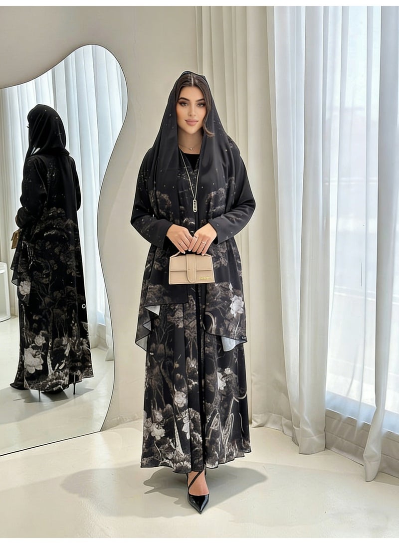 Women's Loose Abaya with Ink Wash Print
