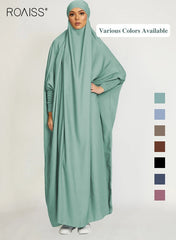 Women One Piece Full Coverage Abaya with Attached Hijab, Solid Loose Batwing Sleeve Muslim Prayer Dress, Soft Flowy Modest Kaftan Robe, ASuitable for Daily