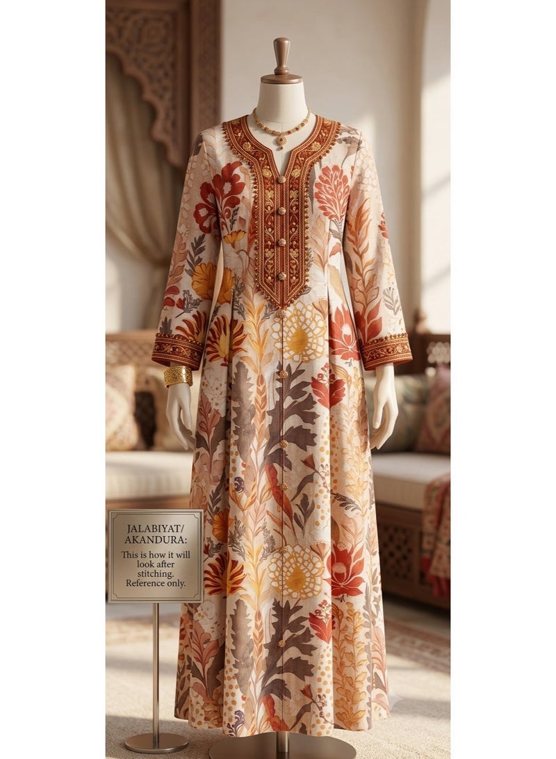 Women Unstitched Fabric for Jalabiya & Kandura – Premium Cotton Terracotta & Amber Floral Arabic Dress Material