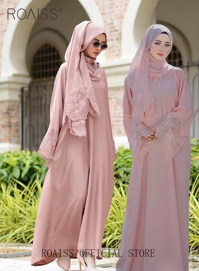 2 Pcs Women's Abaya Robe Dress and Headscarf Set, Solid Color Floral Embroidery Lace Long Sleeves Abaya Traditional Wear, Pink, Suitable for Spring Summer Outfit.