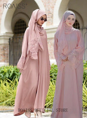 2 Pcs Women's Abaya Robe Dress and Headscarf Set, Solid Color Floral Embroidery Lace Long Sleeves Abaya Traditional Wear, Pink, Suitable for Spring Summer Outfit.