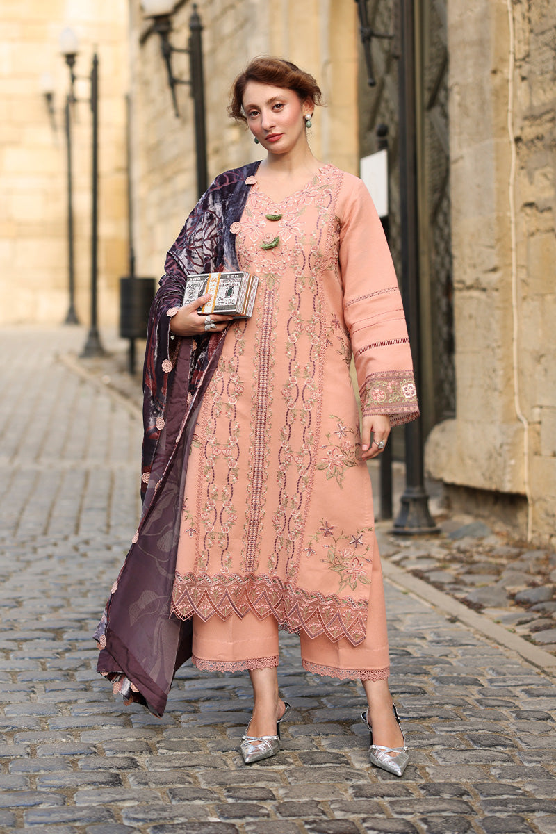 Rang Rasiya Embroidered Karandi Suit With Velvel Plush Shawl Unstitched 3 Piece D-03 Latte – Winter Collection
