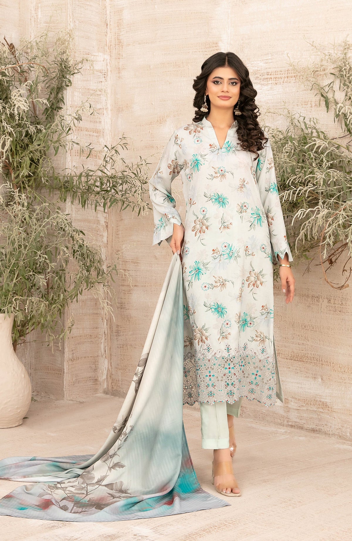 Tawakkal Fabrics Embroidered Zari Viscose Unstitched 3 Piece Suit – D-4884 – TF25SHAM – Grey & Blue – Winter Collection