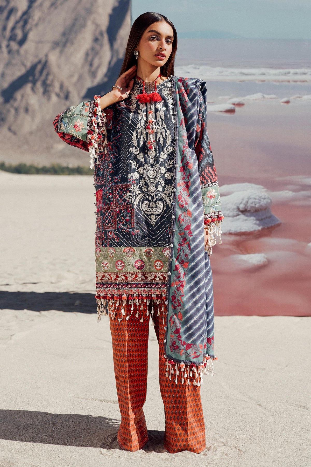 Sana Safinaz Embroidered Slub Suits Unstitched 3 Piece S241-007B-3CP – Luxury Winter Collection