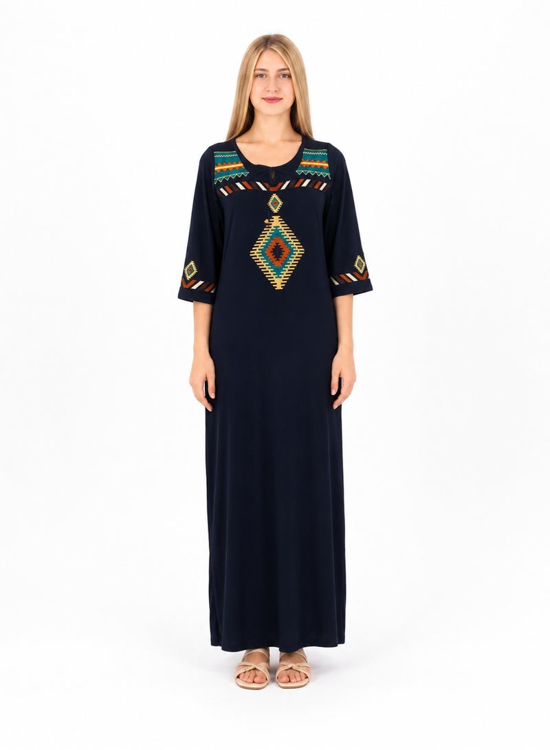 Zecotex Women's Traditional Embroidered Cotton Maxi Dress - 100% Pure Natural Cotton, Breathable Summer Jalabiya in Navy Blue