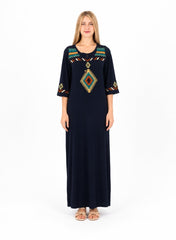 Zecotex Women's Traditional Embroidered Cotton Maxi Dress - 100% Pure Natural Cotton, Breathable Summer Jalabiya in Navy Blue