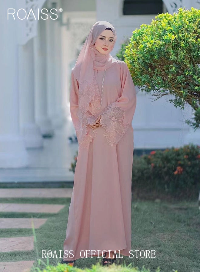 2 Pcs Women's Abaya Robe Dress and Headscarf Set, Solid Color Floral Embroidery Lace Long Sleeves Abaya Traditional Wear, Pink, Suitable for Spring Summer Outfit.