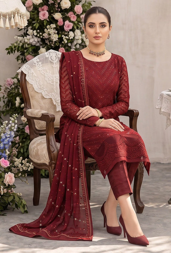 Merakish – Almas By Shahzeb Textiles Embroidered Chiffon Suits Unstitched 3 Piece ST26MK-V26- Maroon Royale