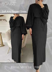 Abaya with Belt for Women Ladies Long Sleeve Dress Classic Style Lantern Sleeve Tunic Round Neck Casual Elegant Dress for Daily Outfit