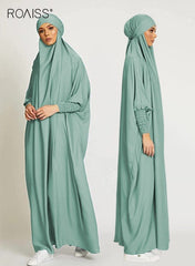 Women One Piece Full Coverage Abaya with Attached Hijab, Solid Loose Batwing Sleeve Muslim Prayer Dress, Soft Flowy Modest Kaftan Robe, ASuitable for Daily