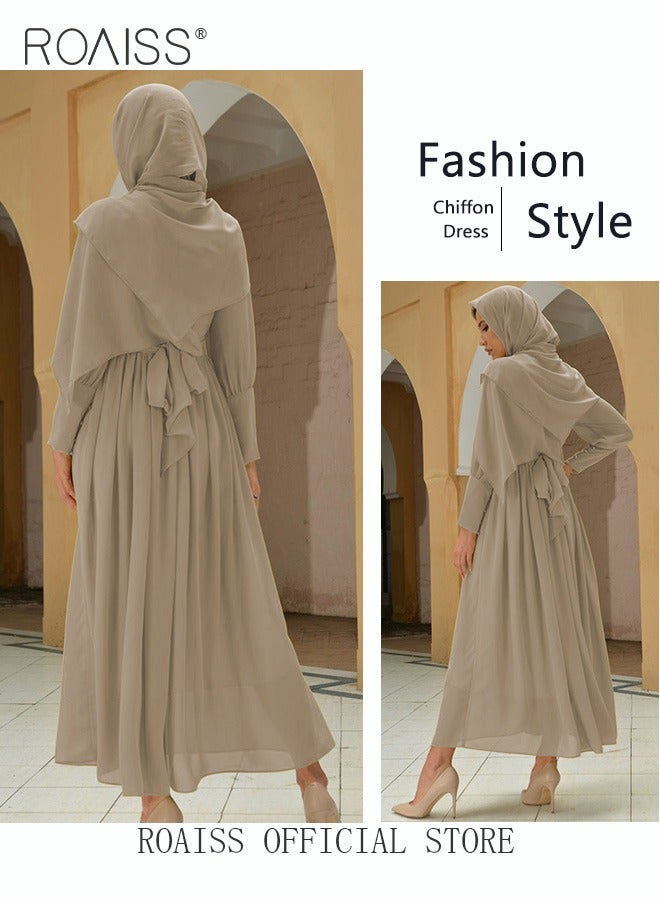 Ladies Dress Solid Color Chiffon Waist Puff Sleeve Long Sleeve Crew Neck High-Rise Abaya Maxi Dress for Ladies