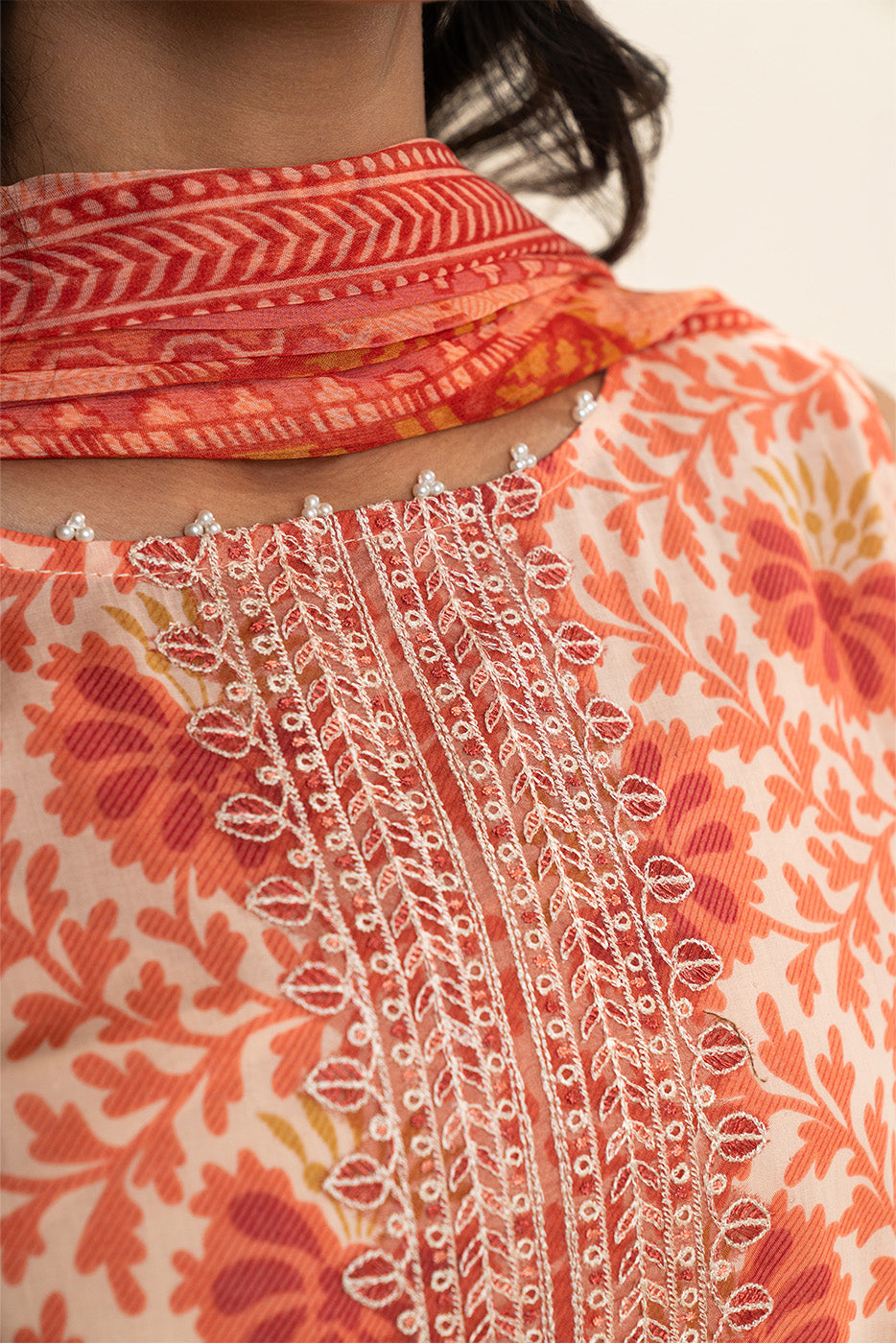 Beechtree Unstitched Embroidered Lawn 3 Piece Suit – CORAL – Summer Collection