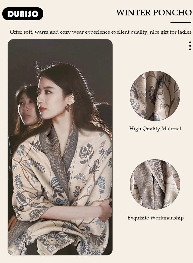 Two Tone Womens Shawl Wraps, 60 * 185cm Cashmere Shawl, Scarf Wrap for Evening Dress, Winter Thick Warm Knitted Scarf Blanket, Front-Open Poncho Cape for Traveling, Wedding Party, Home, Office