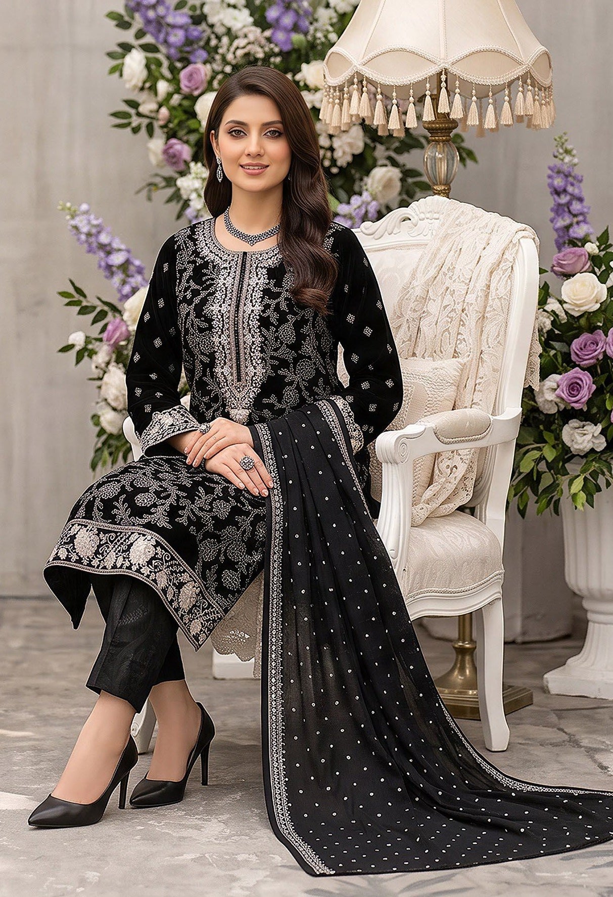 Merakish – Almas By Shahzeb Textiles Embroidered Chiffon Suits Unstitched 3 Piece ST26MK-V26- Aura Of Noir